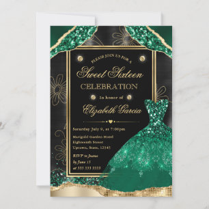 Gold- und Grün glitzerndes Kleid Sweet Sixteen Einladung