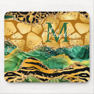 Gold- und Grün-Safari-Tierdruck-Achat Mousepad