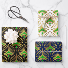 Gold und grüne Art-Deco-Muster auf schwarz Geschenkpapier Set