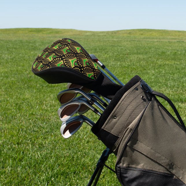 Gold und grüne Art-Deco-Muster auf schwarz Golf Headcover (In SItu)