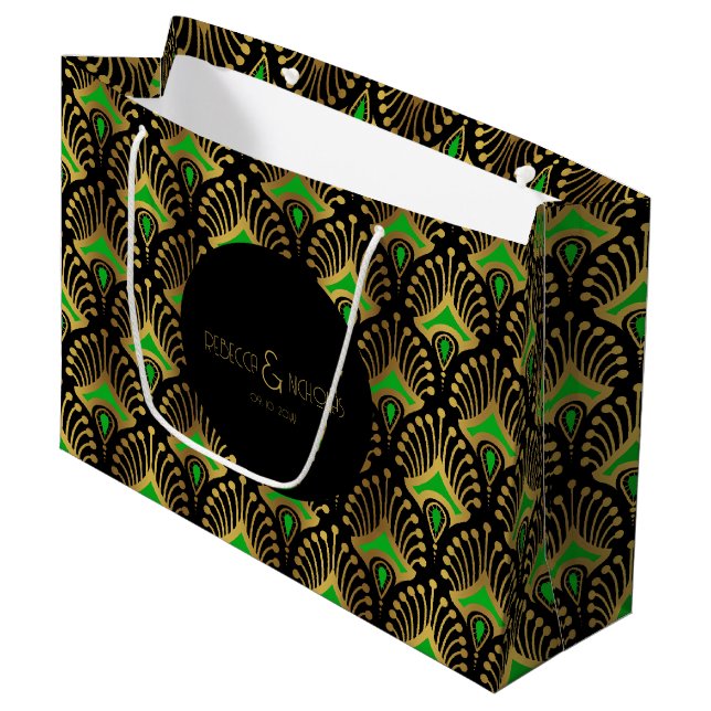 Gold und grüne Art-Deco-Muster auf schwarz Große Geschenktüte (Vorderseite Schrägansicht)