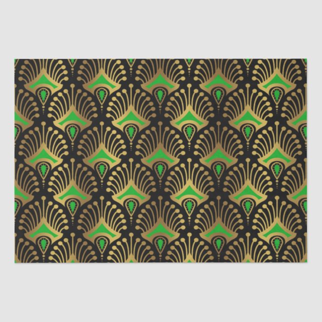 Gold und grüne Art-Deco-Muster auf schwarz Seidenpapier (Vorderseite)