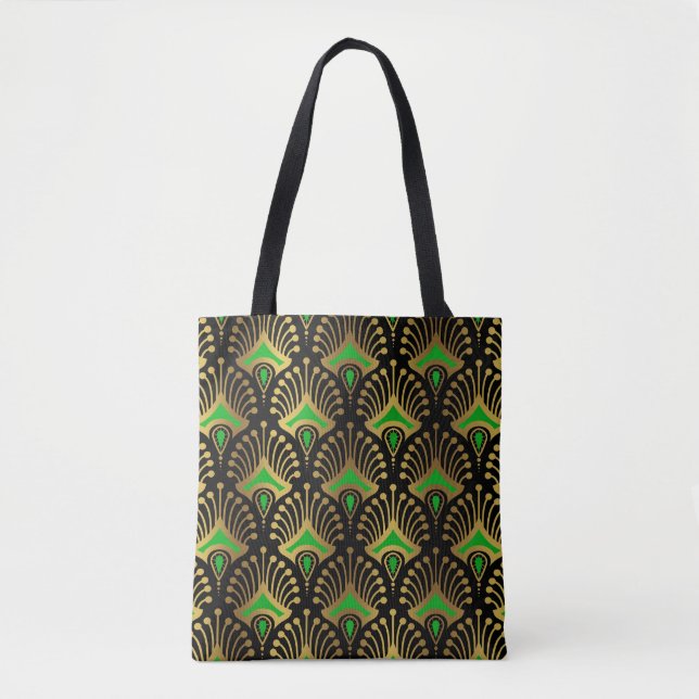 Gold und grüne Art-Deco-Muster auf schwarz Tasche (Vorderseite)