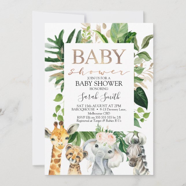 Gold und grüne Blätter GIrls Safari Baby Dusche Einladung (Vorderseite)