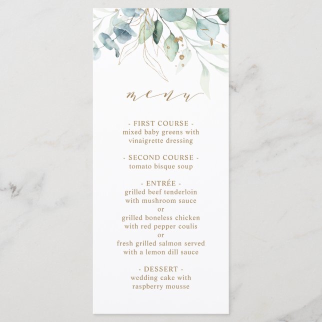 Gold und grüne Botanische Hochzeit Menükarte (Vorderseite)