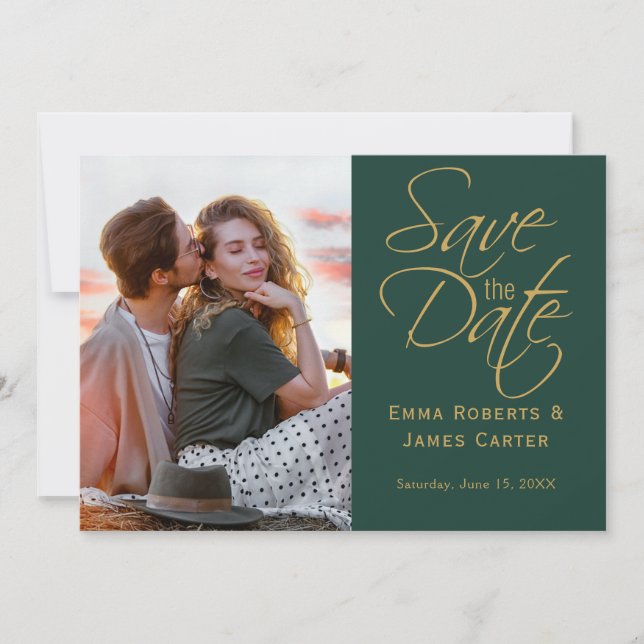 Gold und grünes Foto Save the Date (Vorderseite)