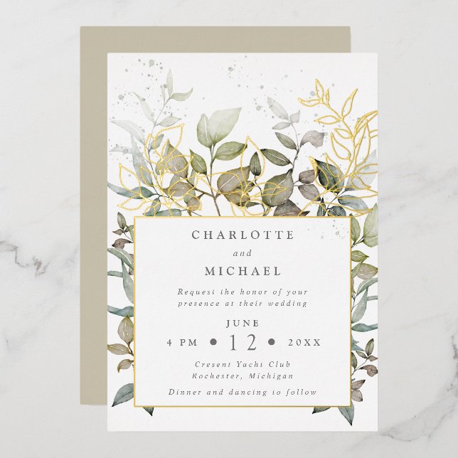Gold und Grüntöne Aquarell Blätter Hochzeit Folieneinladung (Vorderseite/Rückseite)