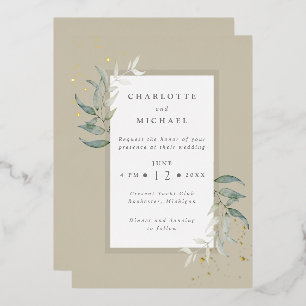 Gold und Grüntöne Aquarell Blätter Hochzeit Folieneinladung