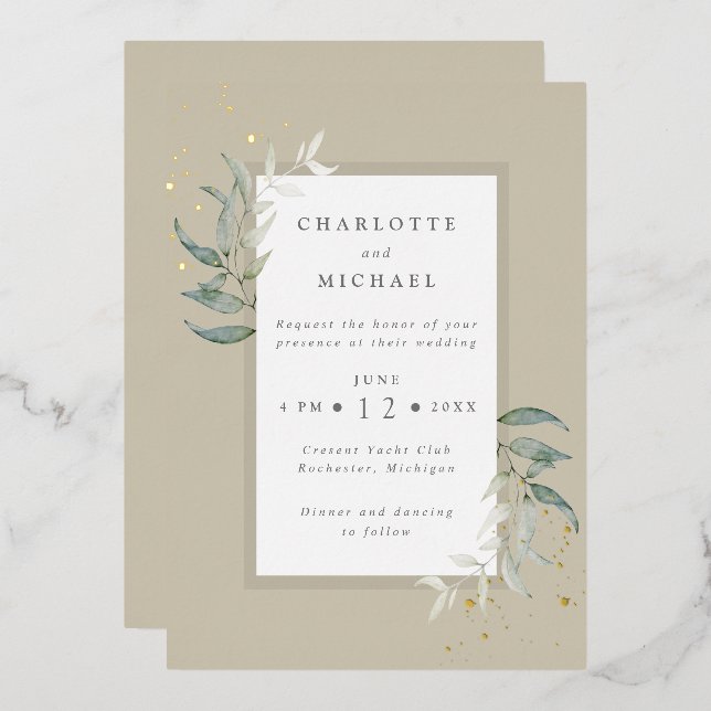 Gold und Grüntöne Aquarell Blätter Hochzeit Folieneinladung (Vorderseite/Rückseite)