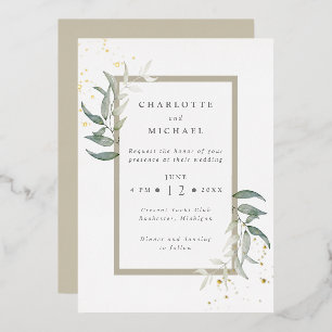 Gold und Grüntöne Aquarell Blätter Hochzeitfolie i Folieneinladung