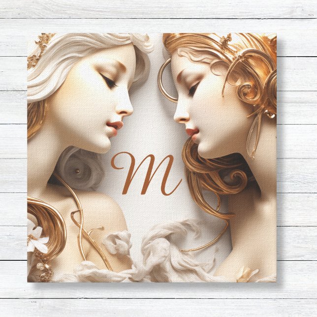 Gold und Ivory Angels Mit Monogramm Leinwanddruck (Gold and Ivory Faux 3D Angels Canvas Wall Art with Custom Monogram - Bedroom Art Divine Protection)
