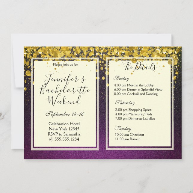 Gold und Lila Bachelorette Wochenende Party Einladung (Vorderseite)