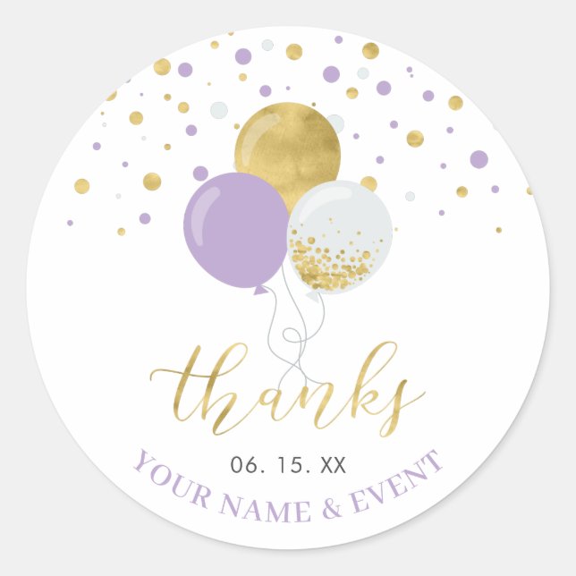 Gold und Lila Ballons | Gastgeschenk Vielen Dank Runder Aufkleber (Vorderseite)