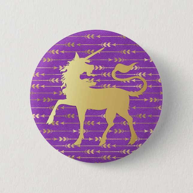 Gold und Lila Bohemisches Muster & Einhorn Button (Vorderseite)