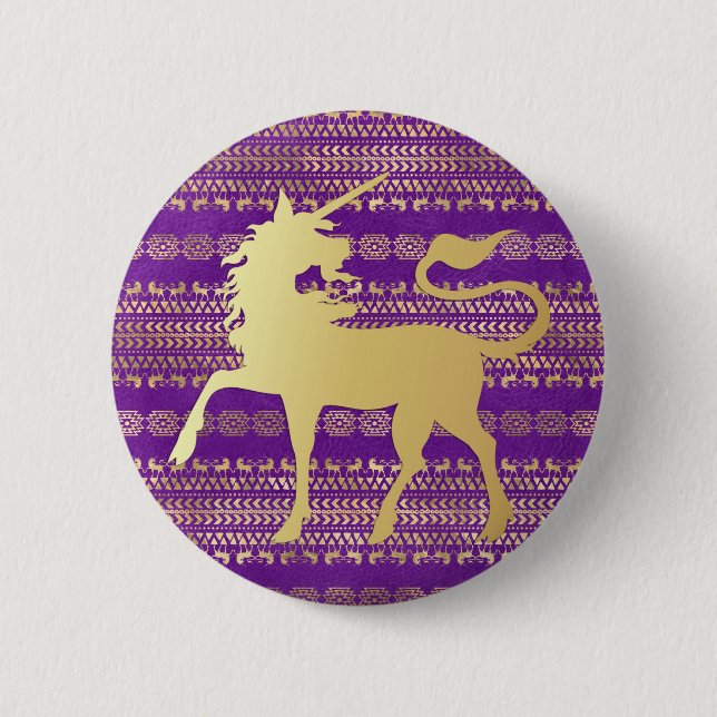Gold und Lila Bohemisches Muster & Einhorn Button (Vorderseite)