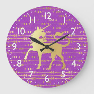 Gold und Lila Bohemisches Muster & Einhorn Große Wanduhr