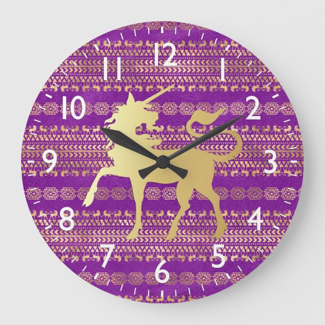 Gold und Lila Bohemisches Muster & Einhorn Große Wanduhr (Vorderseite)