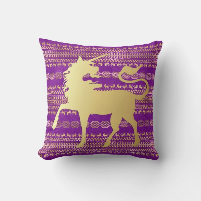 Gold und Lila Bohemisches Muster & Einhorn Kissen (Vorderseite)