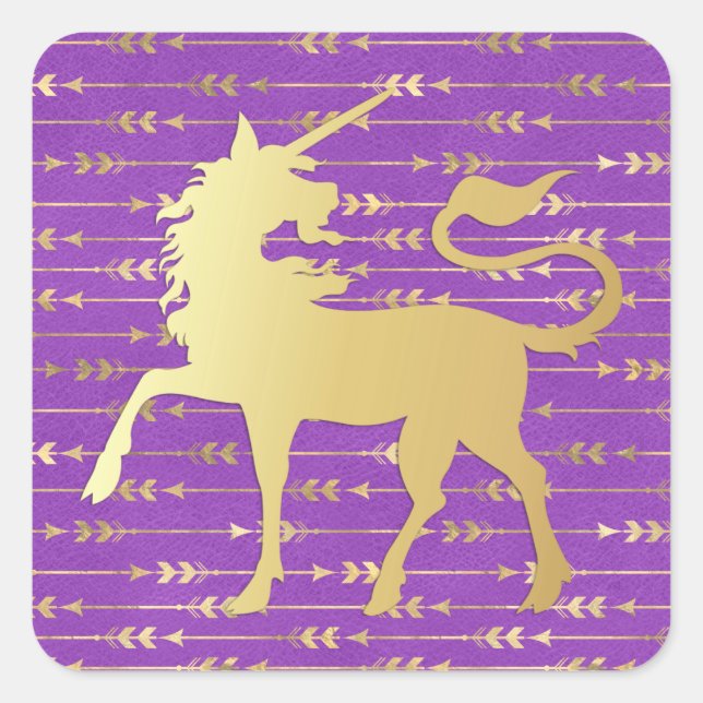 Gold und Lila Bohemisches Muster & Einhorn Quadratischer Aufkleber (Vorderseite)