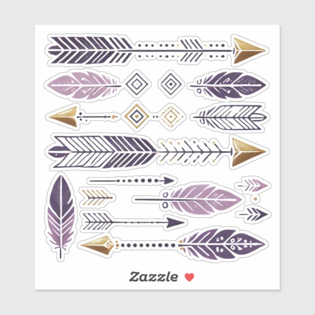 Gold und Lila Boho Pfeile und Feathers Scrapbook Aufkleber (Blatt)