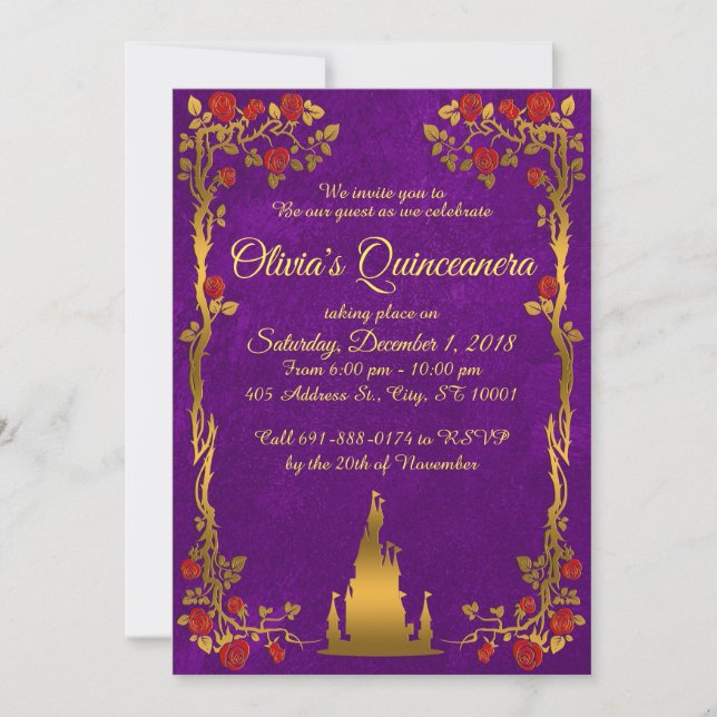 Gold und lila Fairytale Quinceanera Einladung (Vorderseite)