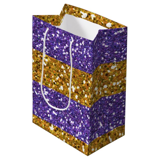 Gold und lila Glitzer-Streifen gedruckt Mittlere Geschenktüte (Vorderseite Schrägansicht)