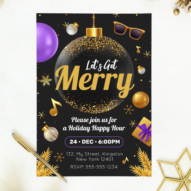 Gold und Lila Lasst uns frohen Weihnachtsspass bek Einladungspostkarte (Von Creator hochgeladen)