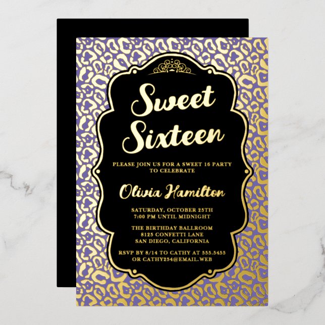 Gold und Lila Leopard Print Sweet 16 Folieneinladung (Vorderseite/Rückseite)