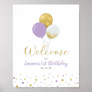 Gold- und lila Luftballons Mädchen 1. Geburtstagsb Poster