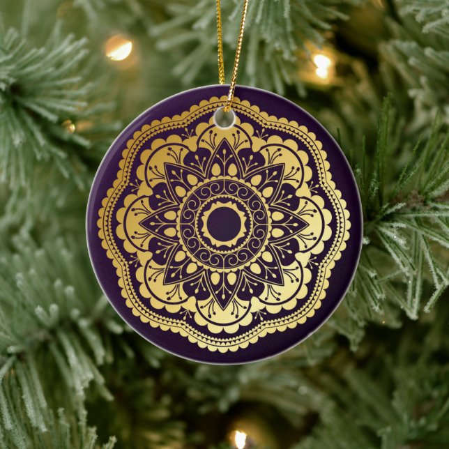 Gold und Lila Mandala Keramik Ornament (Baum)