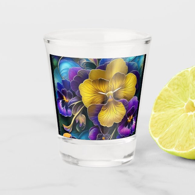 Gold und Lila Pansy Patch Schnapsglas (Vorderseite)