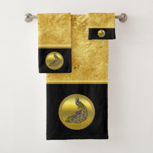 Gold- und lila Pfauengoldfolie mit schwarz Badhandtuch Set