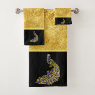 Gold- und lila Pfauengoldfolie mit schwarz Badhandtuch Set