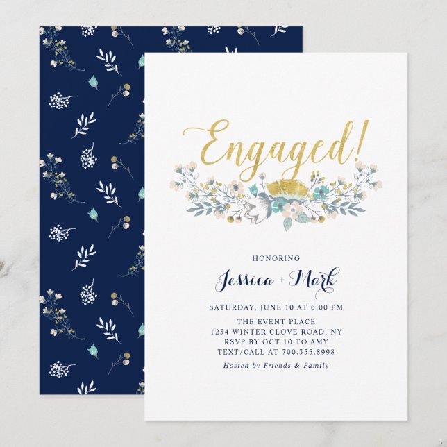 Gold und Marine | Einladung von Boho Floral Engage (Vorne/Hinten)