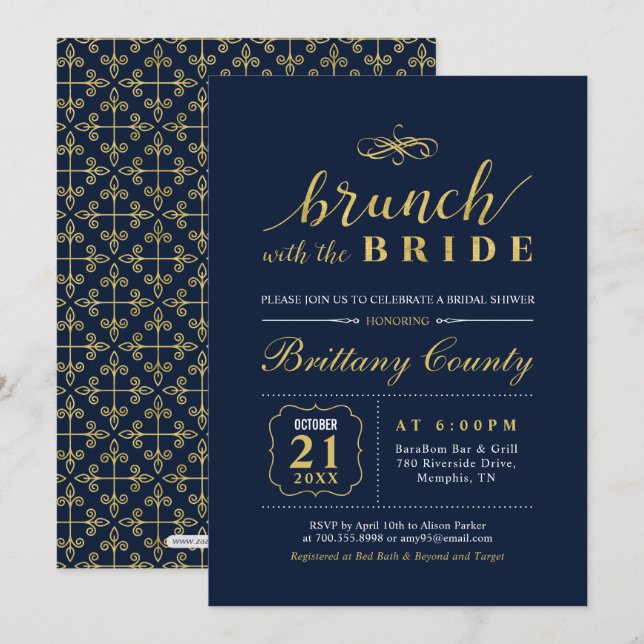 Gold und Marine | Elegant Wedding Bridal Brunch Du Einladung (Vorne/Hinten)
