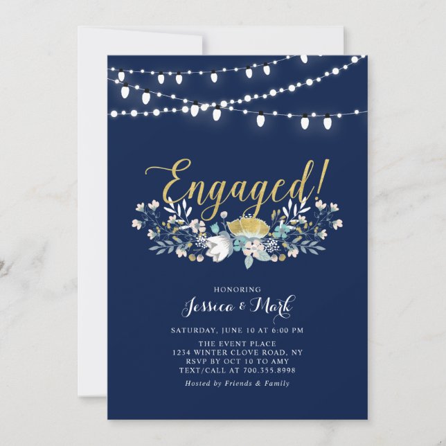 Gold und Marine | Lights Boho Floral Engagement Pa Einladung (Vorderseite)