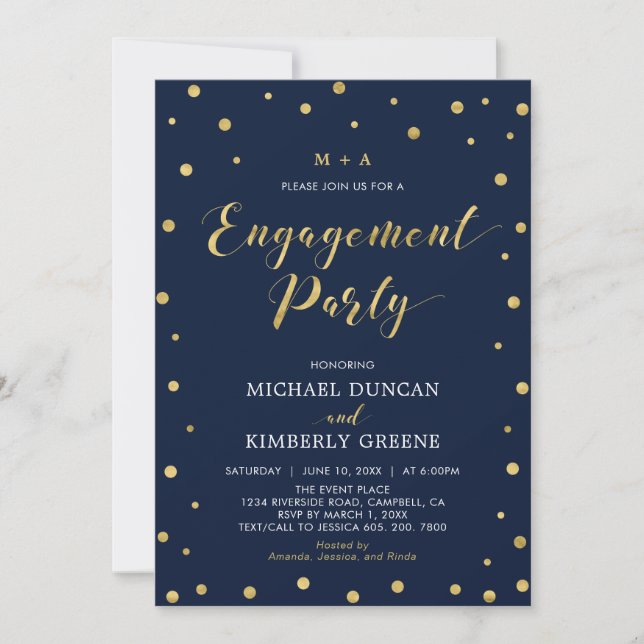 Gold und Marine | Modern Confetti Engagement Party Einladung (Vorderseite)