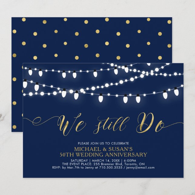 Gold und Marine | Modernes 50. Hochzeitstag Einladung (Vorne/Hinten)