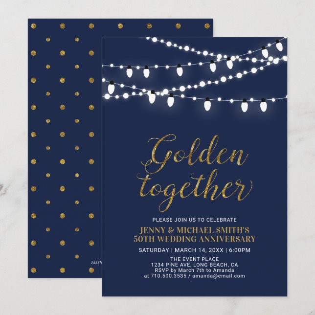 Gold und Marine | Modernes 50. Hochzeitstag Einladung (Vorne/Hinten)