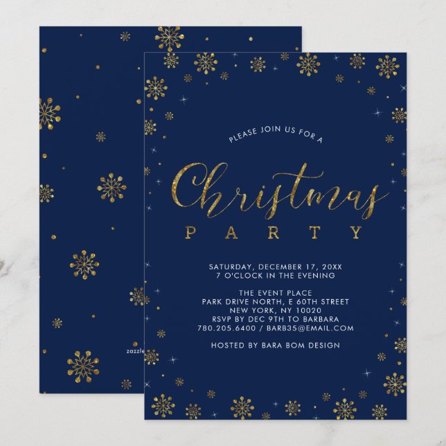Gold und Marine | Modernes Snowflake Weihnachts-Pa Einladung (Vorne/Hinten)