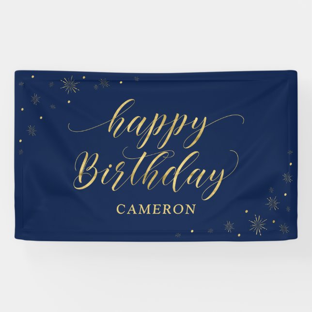 Gold und Marine | Sparkle Happy Birthday Party Ban Banner (Horizontal)