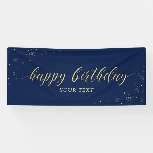 Gold und Marine | Sparkle Happy Birthday Party Ban Banner (Horizontal)
