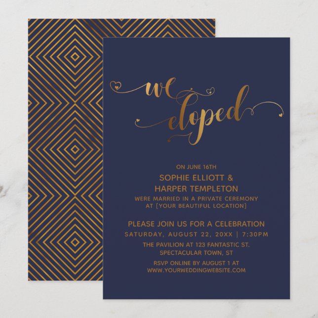 Gold und Marine - wir feierten nach der Hochzeit Einladung (Vorne/Hinten)