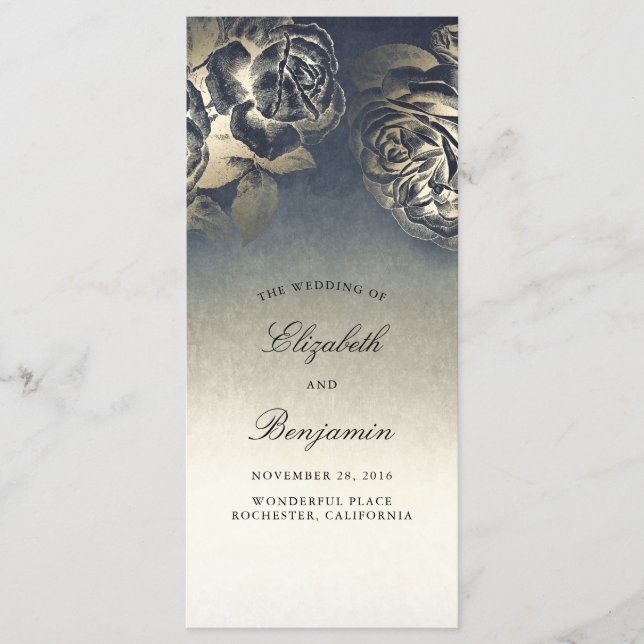 Gold- und Marineblaue Vintage-Hochzeitsprogramme Programm (Vorderseite)