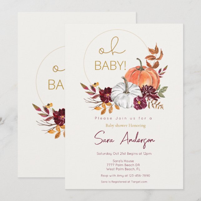 Gold und Maroon Pumpkin Fall Baby Dusche Einladung (Vorne/Hinten)