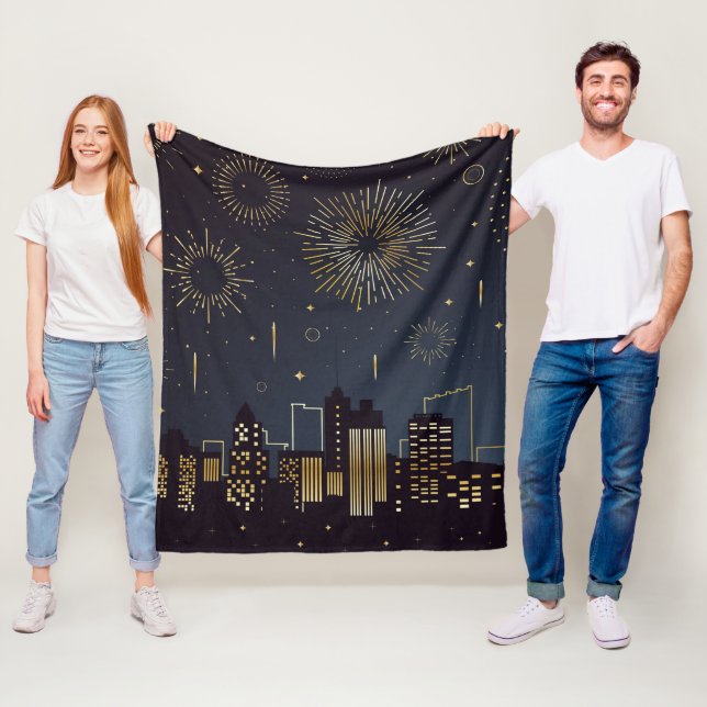 Gold und Midnight Blue City mit Feuerwerk Fleecedecke (Beispiel)