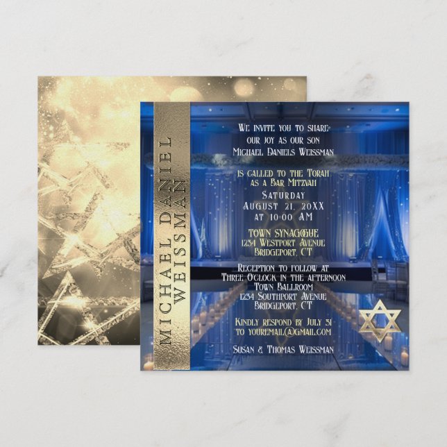 Gold und Navy Blue Bar Mitzvah Einladung (Vorne/Hinten)