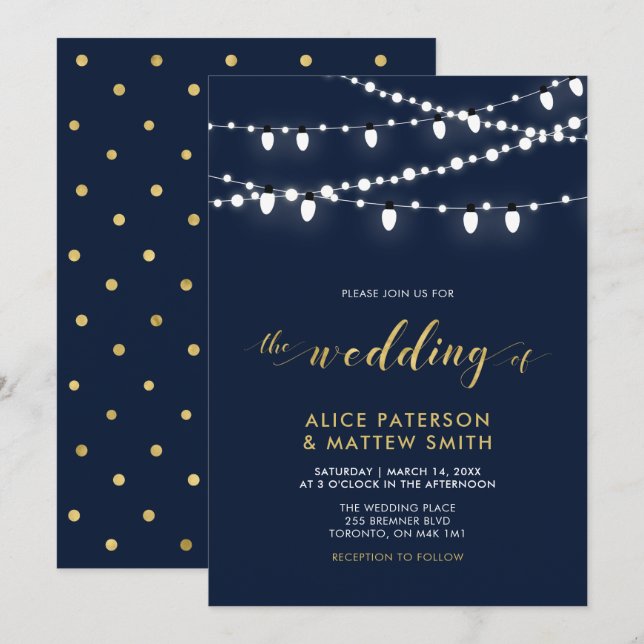 Gold und Navy Blue | Chic Modern Wedding Zeremonie Einladung (Vorne/Hinten)