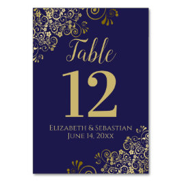 Gold und Navy Blue Elegant Frilly Wedding Tischnummer