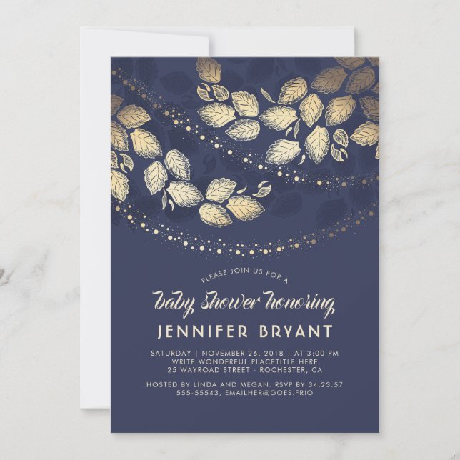 Gold und Navy Blue Elegante Tree Lights Babydusche Einladung (Vorderseite)